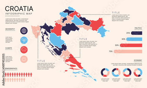Croatia Infographic Map with separated administrative districts, editable separated layers, zones and data visualization elements. Infographic Map for presentation. Vector illustration