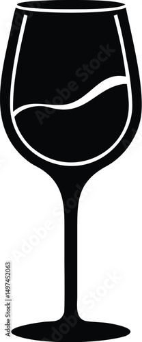 Single black wine glass displays liquid silhouette against a stark white background