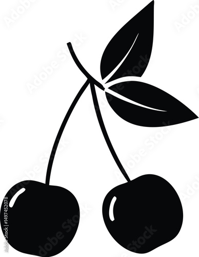 Paired black cherry fruits are elegantly hanging with leaves on a stem, transparent background