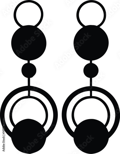 Two round abstract dangle earrings display circle and sphere elements, isolated on a white background