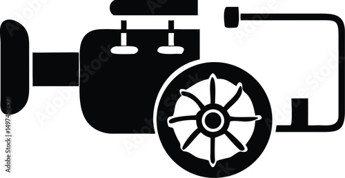 Antique steam engine is captured in a simple black and white silhouette