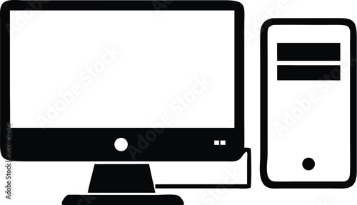 Isolated black computer icon displays a desktop monitor and connected tower on transparent background