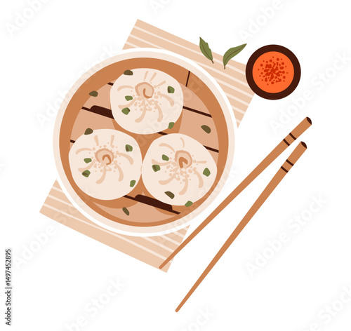 Tasty dim sum and dumplings. Flat vector illustration of dim sum in a bamboo basket. Traditional Chinese dumplings and cuisine elements in a cozy layout.