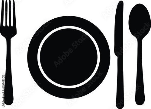 Clean plate icon exhibits fork, knife, and spoon in a black silhouette