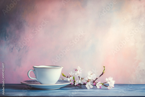 A delicate white teacup with a matching saucer sits on a wooden table, accompanied by blooming cherry blossoms. The background features a soft, pastel gradient