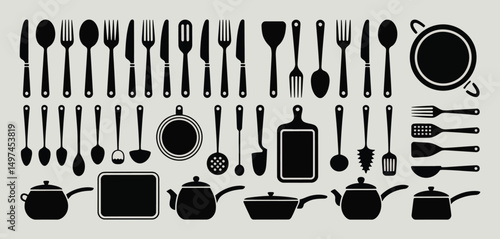 Collection of Black Kitchen Utensils and Cookware Icons