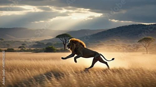 A majestic lion running or leaping through a golden savanna landscape at sunset or sunrise. Ideal for wildlife, nature, and powerful animal themes.