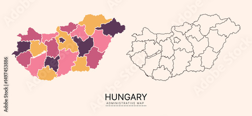 Hungary Map with multicolor separated administrative districts, editable separated layers, zones and borders. Map for presentation. Vector illustration