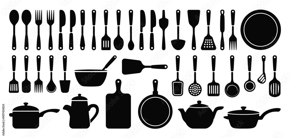 Fototapeta premium Collection of Black Kitchen Utensils and Cookware Icons