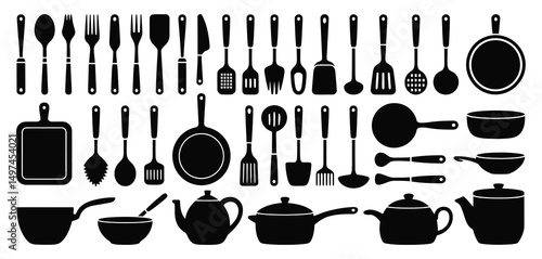 Collection of Black Kitchen Utensils and Cookware Silhouettes