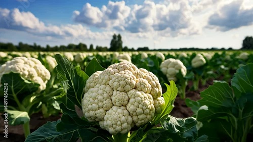 Cauliflower growing in agricultural field under blue sky