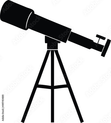 Black telescope stands firmly on its tripod against a white backdrop seamlessly