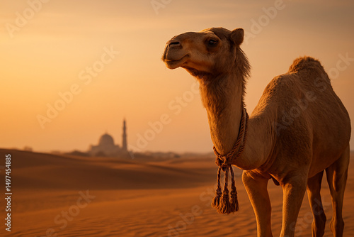 Eid Al Adha Camel Poster Desert Sunset Mosque Silhouette. Generative AI.