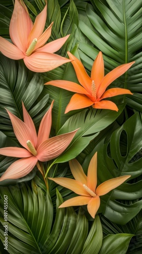 Wallpaper Mural Vibrant orange and pink tropical flowers intermingle with rich green foliage, creating an atmosphere of tranquility found in lush jungle environments Torontodigital.ca