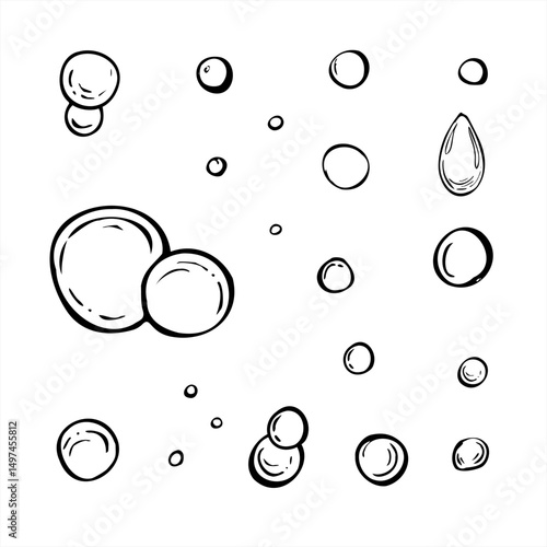 Monochrome vector abstract bubbles in various organic shapes set painted by black inks. Water drops for modern graphic designs, minimalist decorations, textile patterns, and creative backgrounds.