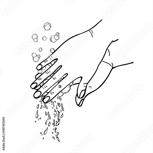 Proper handwashing technique with soap, rising bubbles and falling water drops monochrome vector illustration painted by black inks. For hygiene campaigns about sanitation and disease prevention