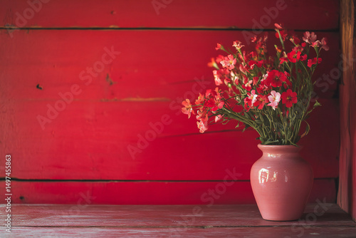 A vase filled with colorful flowers sits on a rustic wooden table against a vibrant red wooden wall. The arrangement features shades of pink and white flowers