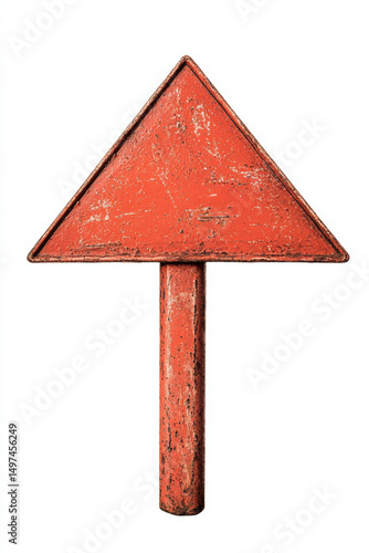 A weathered red arrow sign standing upright, symbolizing direction and guidance on the road. Perfect for transport-related concepts.