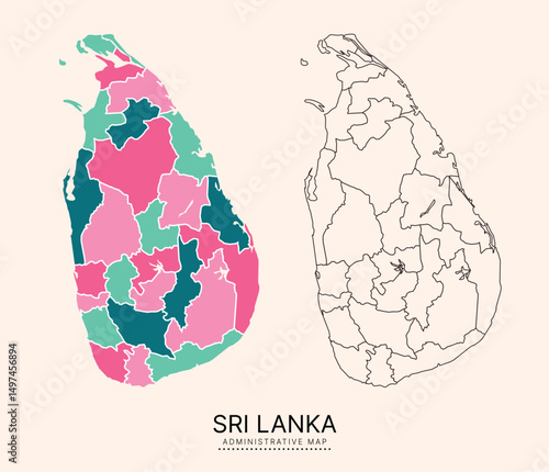 Sri Lanka Map with multicolor separated administrative districts, editable separated layers, zones and borders. Map for presentation. Vector illustration