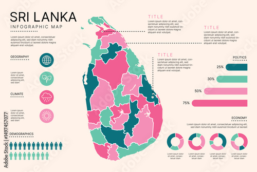 Sri Lanka Infographic Map with separated administrative districts, editable separated layers, zones and data visualization elements. Infographic Map for presentation. Vector illustration