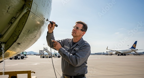 Aircraft technician scrutinizing planes exterior