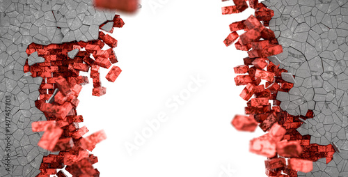 Fototapeta Naklejka Na Ścianę i Meble -  Many flying and falling brick walls. Brick wall destruction on black background. Brick explosion background. Cracks on brick wall. Destruction. 3d render