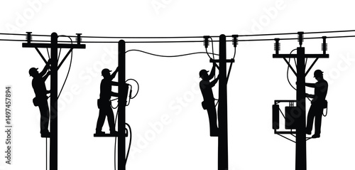 Silhouette of Electricians Working on Power Lines