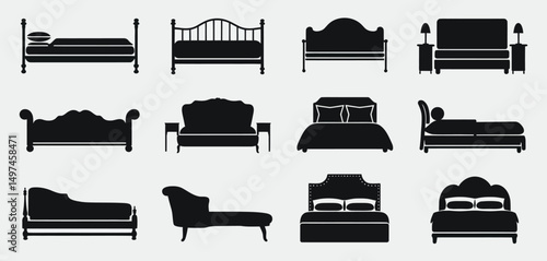 Collection of Black Silhouette Furniture Icons Beds Sofas