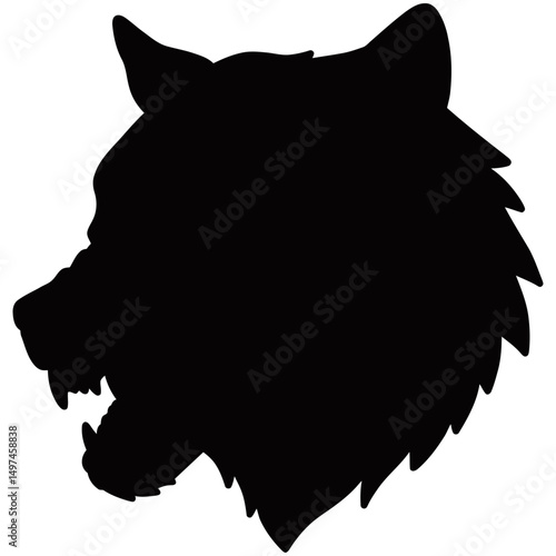 Bold black silhouette of a wolf's head in profile view, showcasing sharp ears, pronounced muzzle, and thick fur, creating a strong and wild visual symbol of strength and instinct.