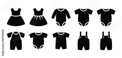 Baby Clothes Icons Set Dresses, Bodysuits, and Overalls