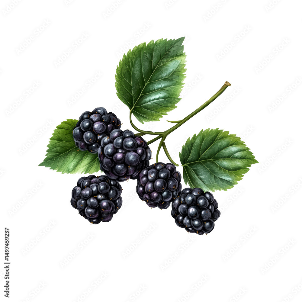 Fototapeta premium Ripe black blackberry berries on a branch, blackberry harvest, isolate on transparent background