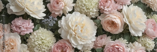 Delicate artificial floral wall; muted pastel roses, peonies, hydrangeas,  bloom,  vintage background