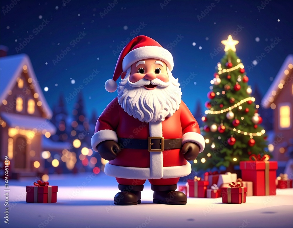 Cheerful 3D render of Santa Claus standing by a Christmas tree in a snowy village. Cheerful 3D render of Santa Claus standing by a Christmas tree in a snowy village.