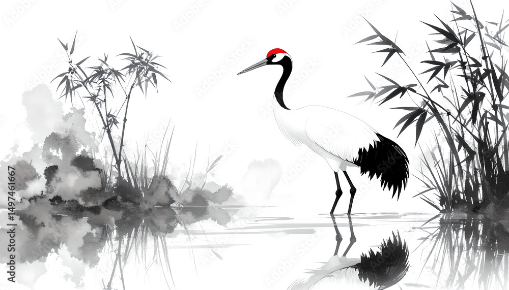 Fototapeta premium Red-crowned Crane Standing in Water, Sumi-e Style
