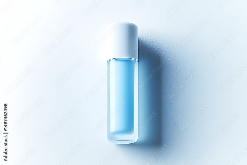 A clear glass bottle with blue liquid and a white cap on a light blue background in studio shot A clear glass bottle with blue liquid and a white cap on a light blue background in studio shot