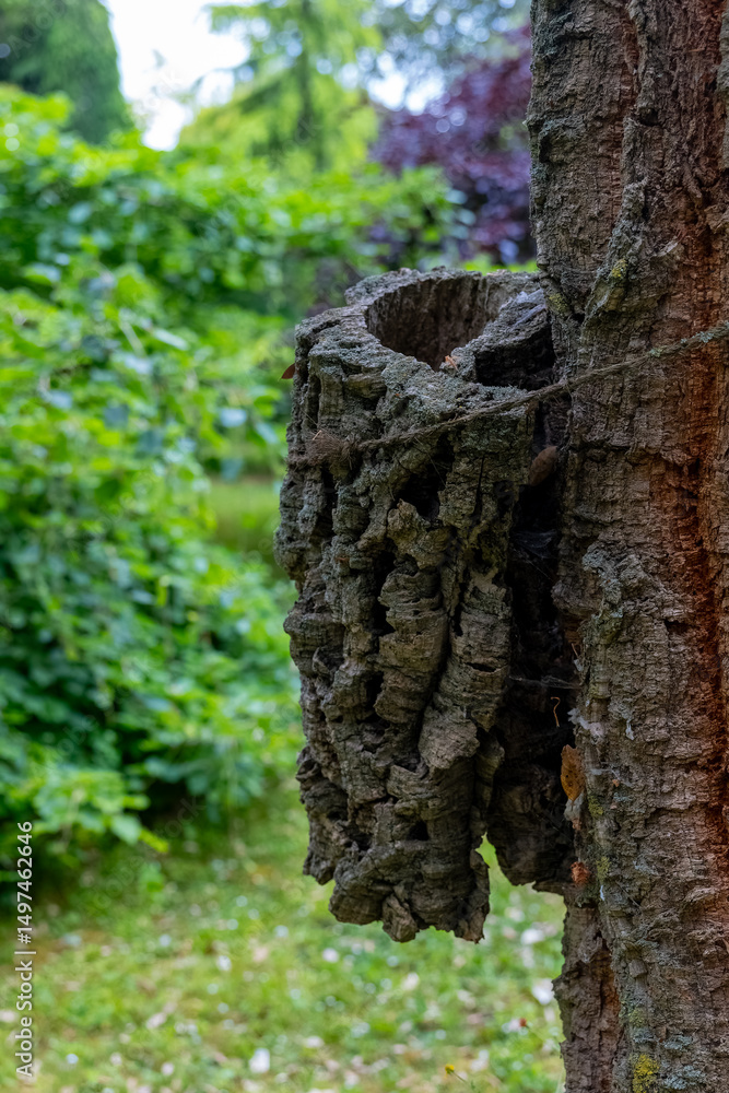 Obraz premium Unique natural formation on tree trunk showcases intricate texture and vibrant greenery in serene garden setting