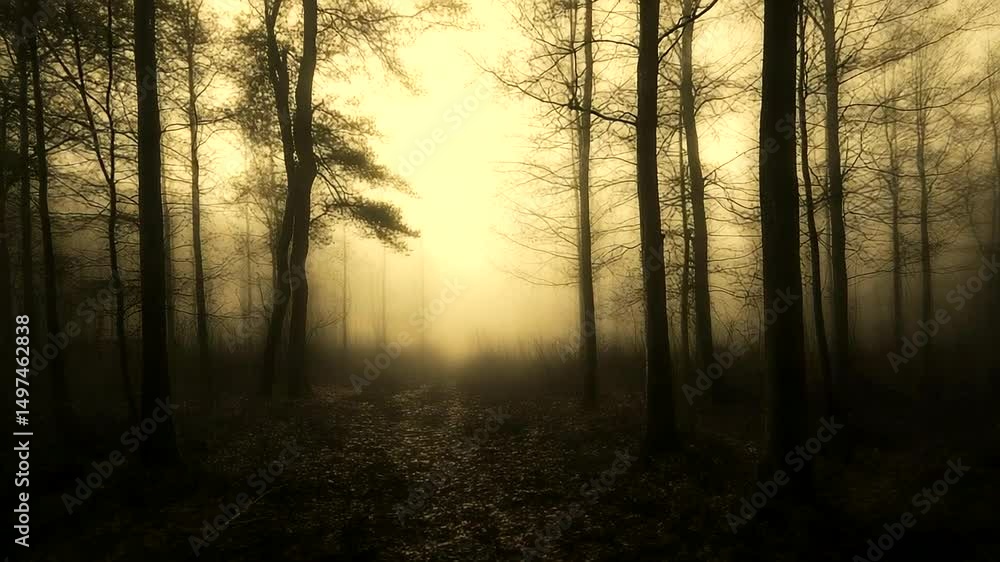 Mysterious fog enveloping a dense forest, creating an eerie atmosphere with silhouettes of trees Mysterious fog enveloping a dense forest, creating an eerie atmosphere with silhouettes of trees