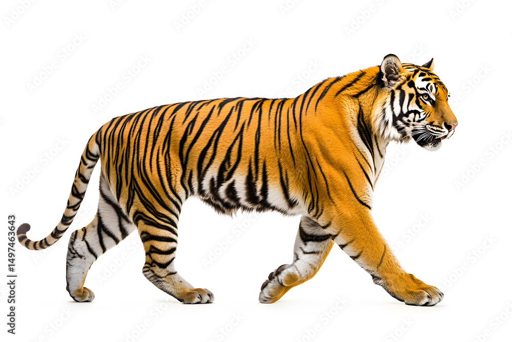 Obraz premium Majestic tiger walking on white background.