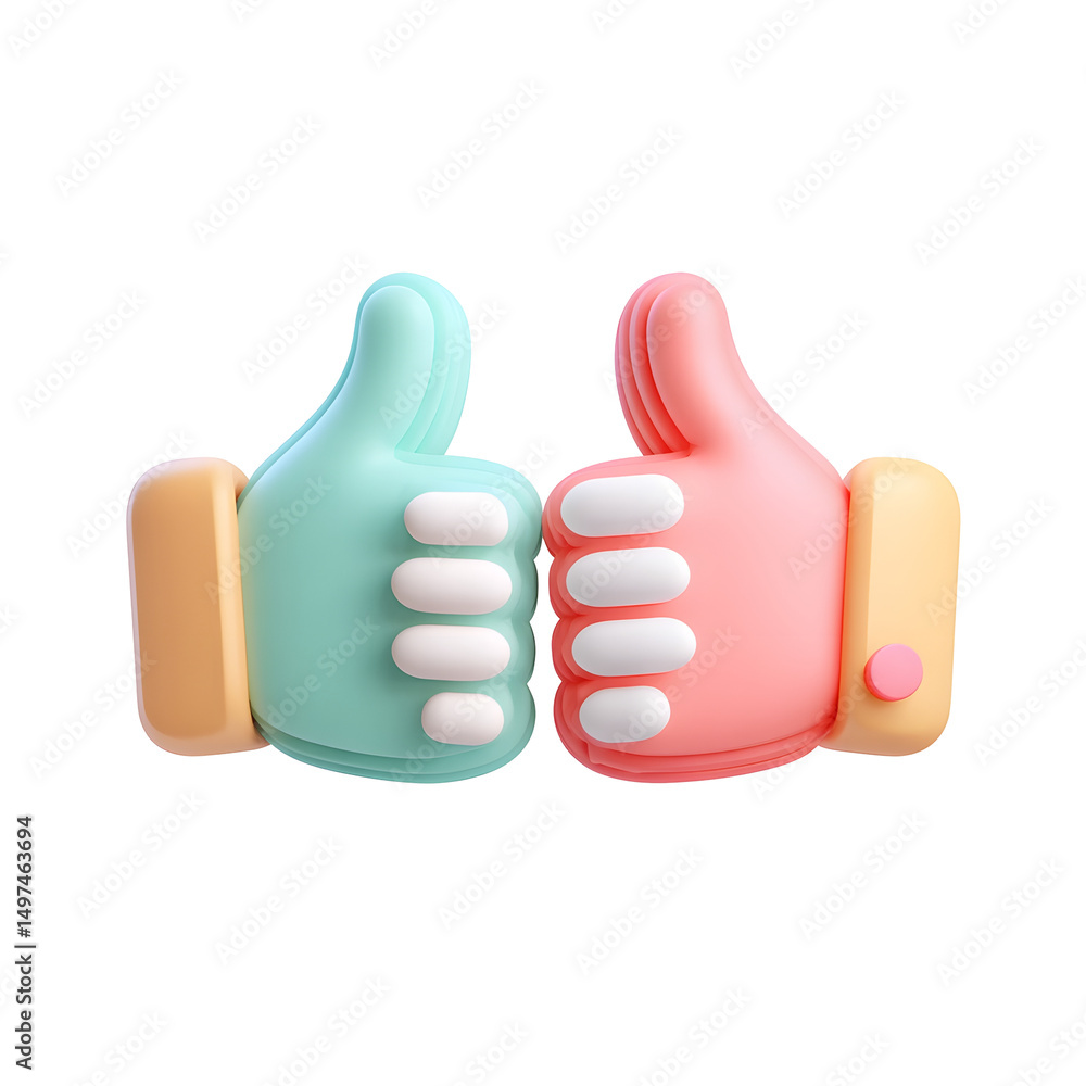 Vibrant pastel colored cartoon 3D icons of two hands giving a thumbs up gesture symbolizing approval positivity and recommendation on a white background Vibrant pastel colored cartoon 3D icons of two hands giving a thumbs up gesture symbolizing approval positivity and recommendation on a white background