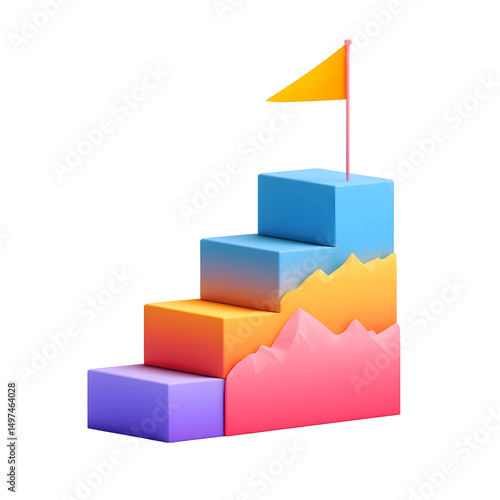 Bright 3D cartoon podium with colorful gradient steps and small triangle flag on the highest level against a white background