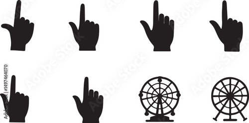 Create a kinds of hand, finger, icon, vector, hands, sign, illustration, gesture, silhouette, symbol, palm, arm, up, silhouette with white background.