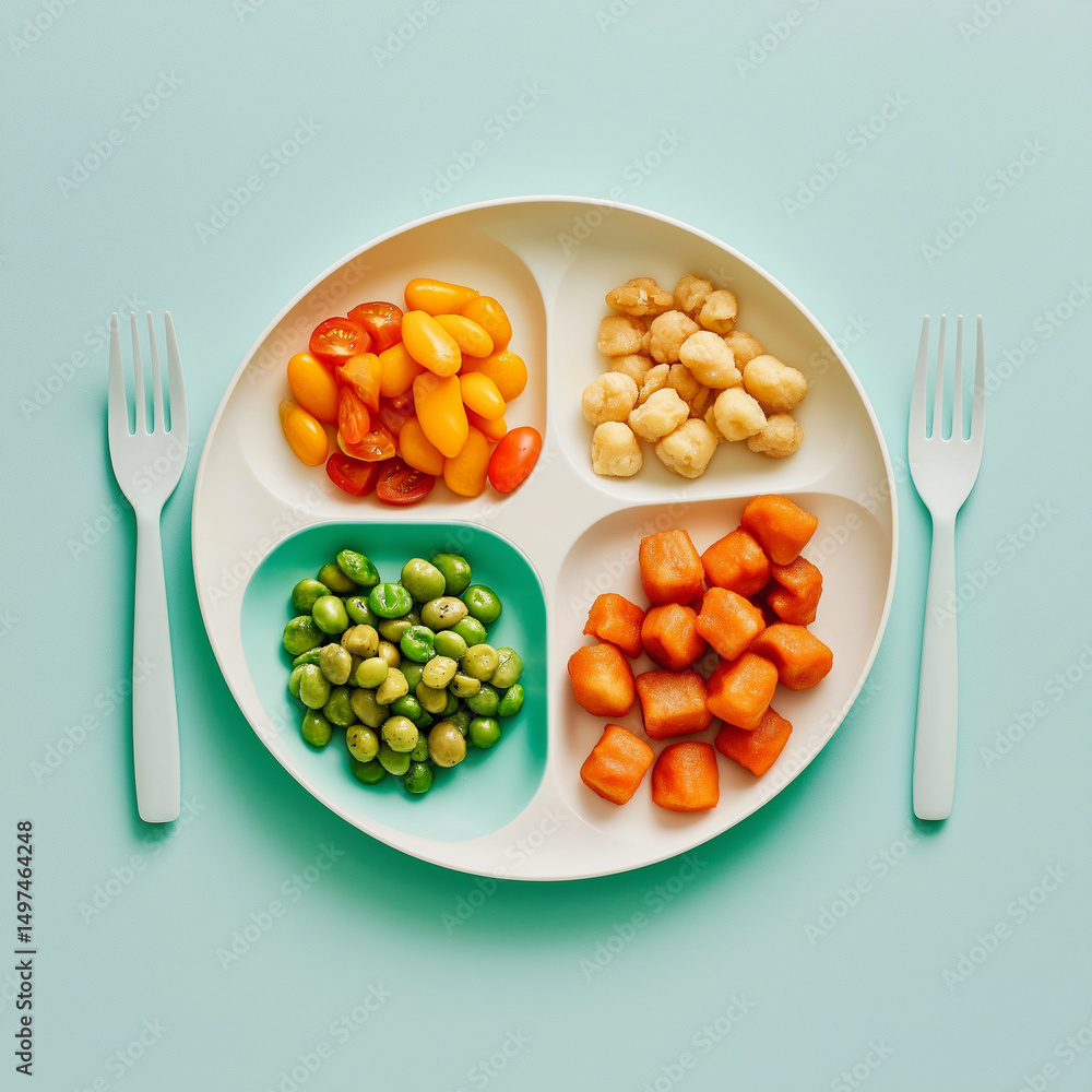 Neatly arranged toddler meal on a divided plate with three sections Neatly arranged toddler meal on a divided plate with three sections