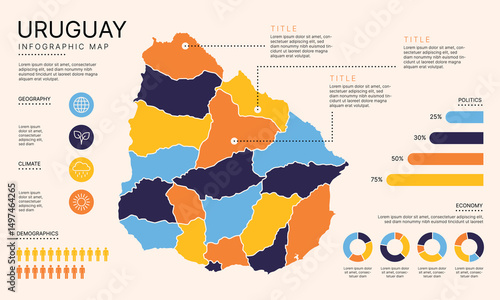 Uruguay Infographic Map with separated administrative districts, editable separated layers, zones and data visualization elements. Infographic Map for presentation. Vector illustration