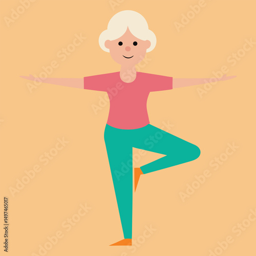 Elderly Woman in Tree Pose Practicing Yoga