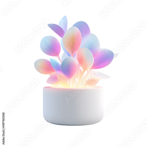 A digital depicting a surreal and luminous plant sprouting from a white pot emanating a soft pastel colored glow and aura against a clean minimalist background