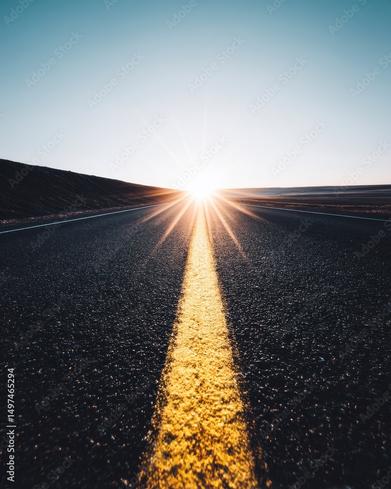 Fototapeta premium Golden Ray of Sunlight Breaking Over a Straight Asphalt Road Leading Towards a Bright Horizon