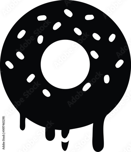 Black doughnut with white sprinkles dripping glaze presents a tasty treat on transparent background