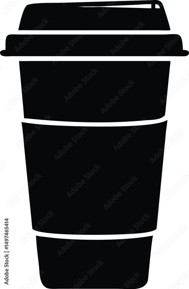 Black silhouette showcases a disposable coffee cup with lid and sleeve over white Black silhouette showcases a disposable coffee cup with lid and sleeve over white