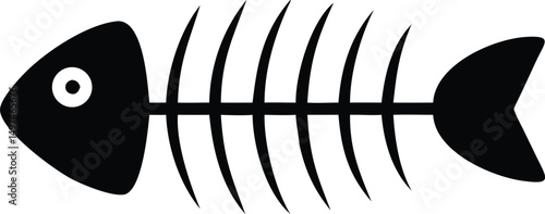 Black fish skeleton icon reveals minimal form on white background with transparency