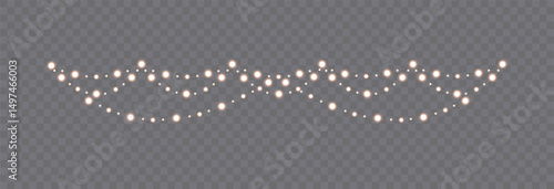 Gold Christmas garland on transparent background, new year light effect elements for banner, poster, flyer and xmas card. Horizontal yellow wires shining, led strips png, vector illustration.